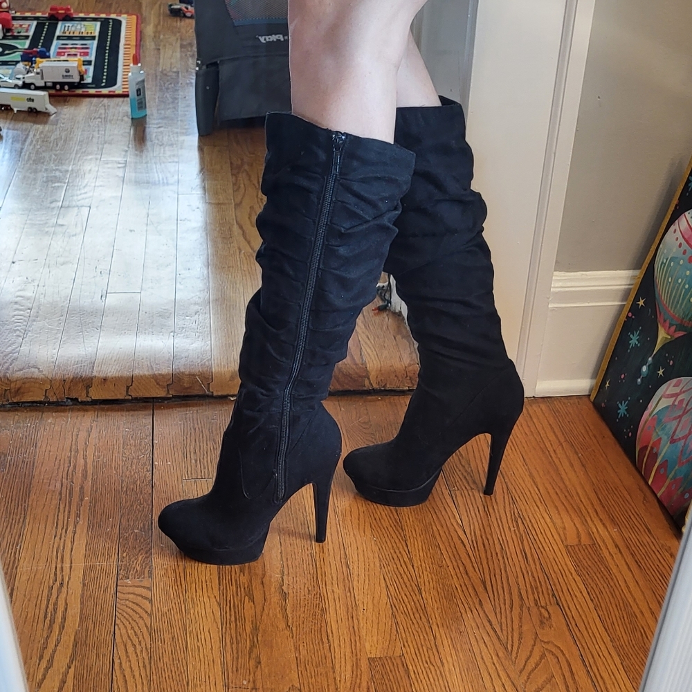 Michael Antonio Scrunched Black Suede Platform Knee High Boots